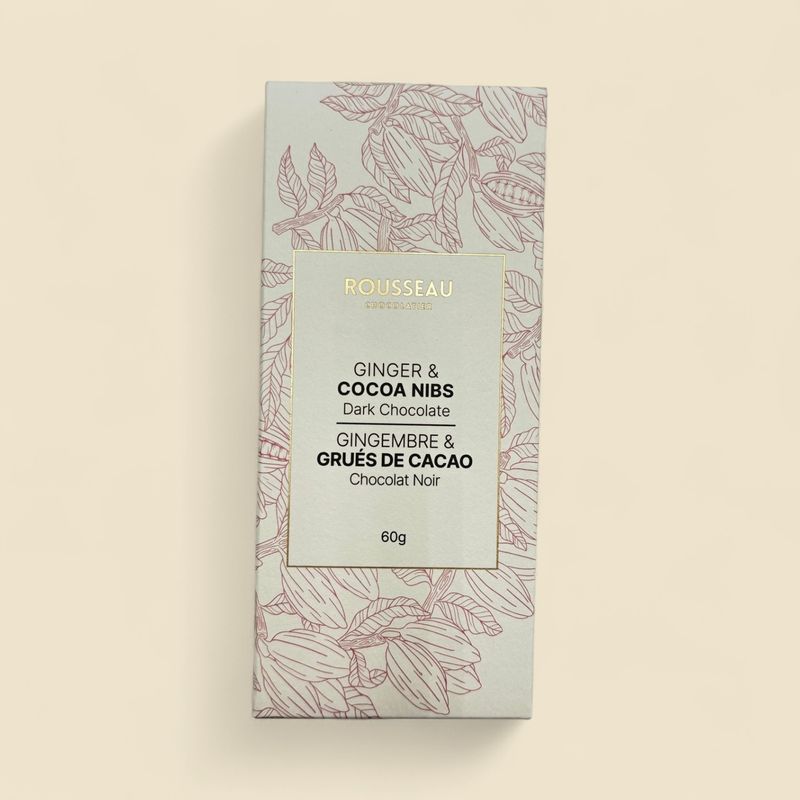 ROUSSEAU CHOCOLATIER GINGER & COCOA NIBS ARTISAN CHOCOLATE BAR