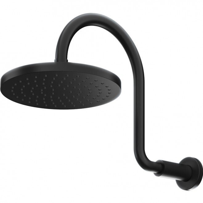 Krome 200mm Wall Shower on Swan Neck Arm Matte Black