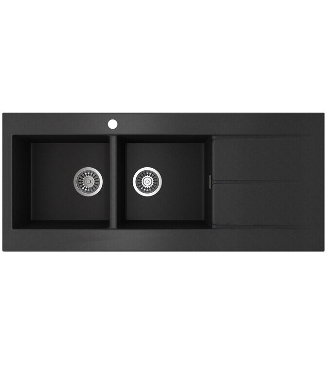 Oros 1162 Left Hand Double Bowl Black Sink with Drainer