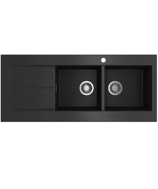 Oros 1162 Right Hand Double Bowl Black Sink with Drainer