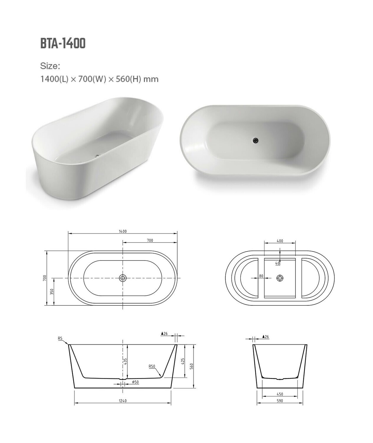Prato Freestanding Bath, Bath Size: 1400mm