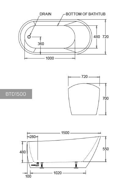 Dublin Freestanding Bath, Bath Size: 1500mm