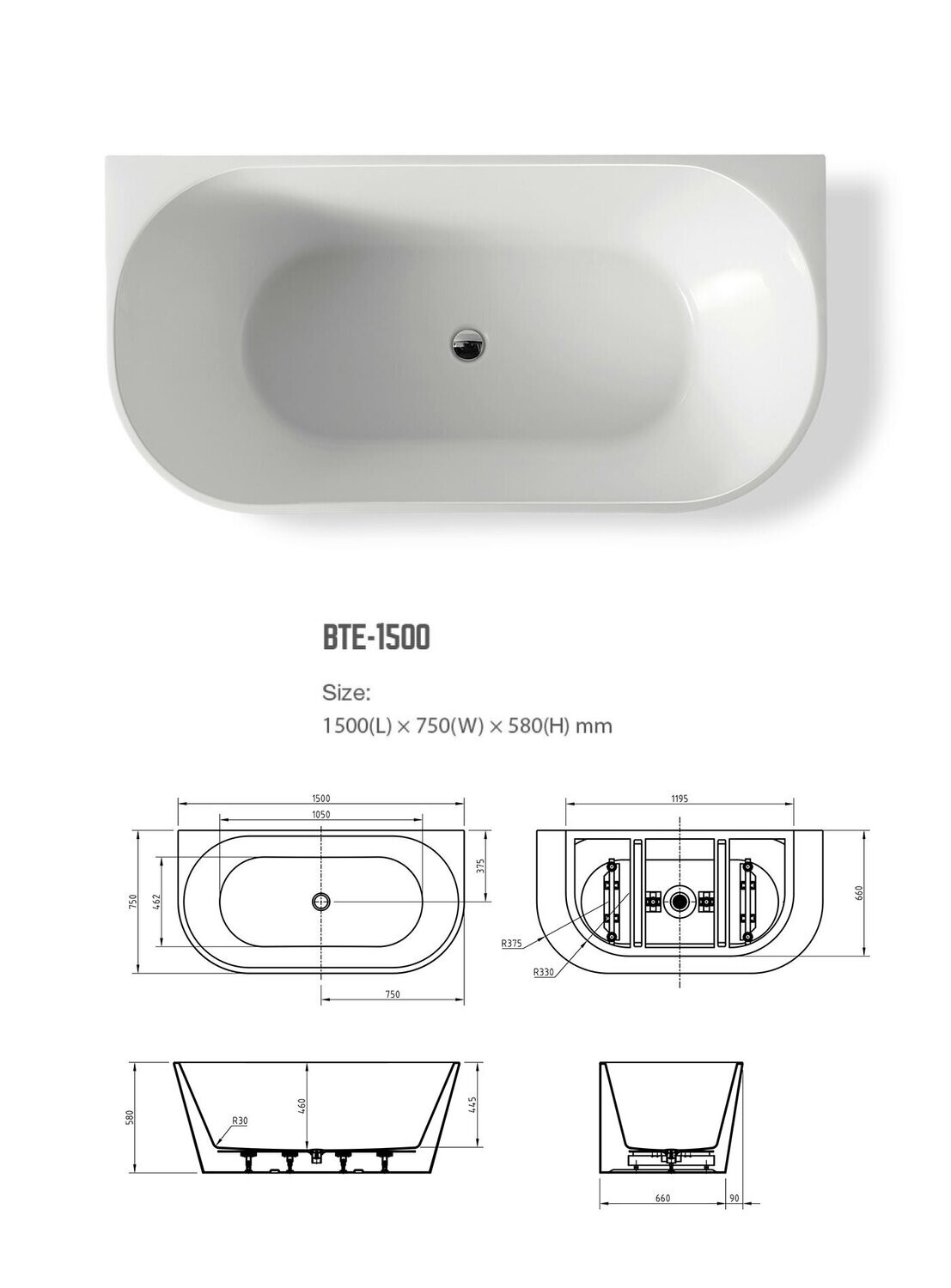Cortona Back to Wall Bath, Bath Size: 1500mm