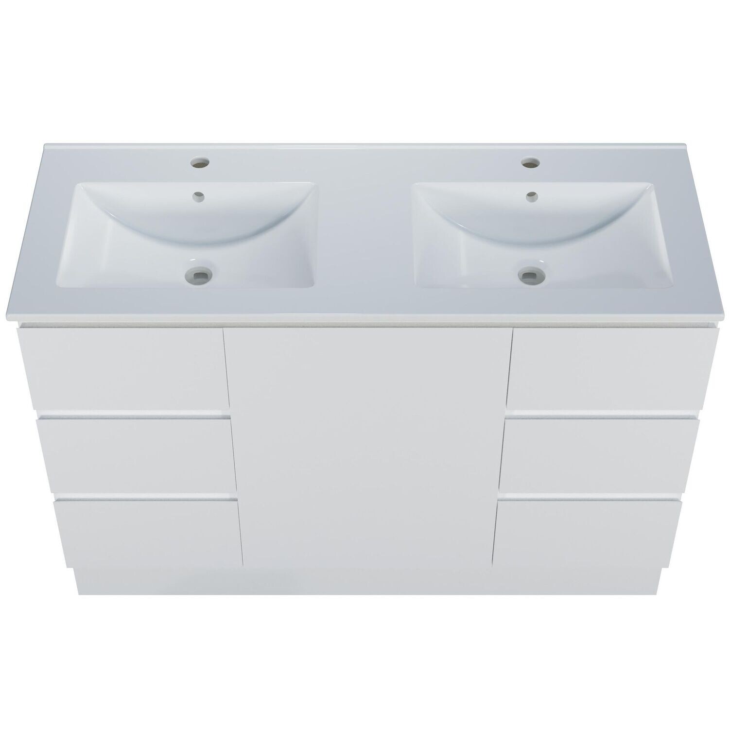 Harmony 1200mm Vanity 6 Drawers with Kicker and 2 Bowls, Style: White Satin