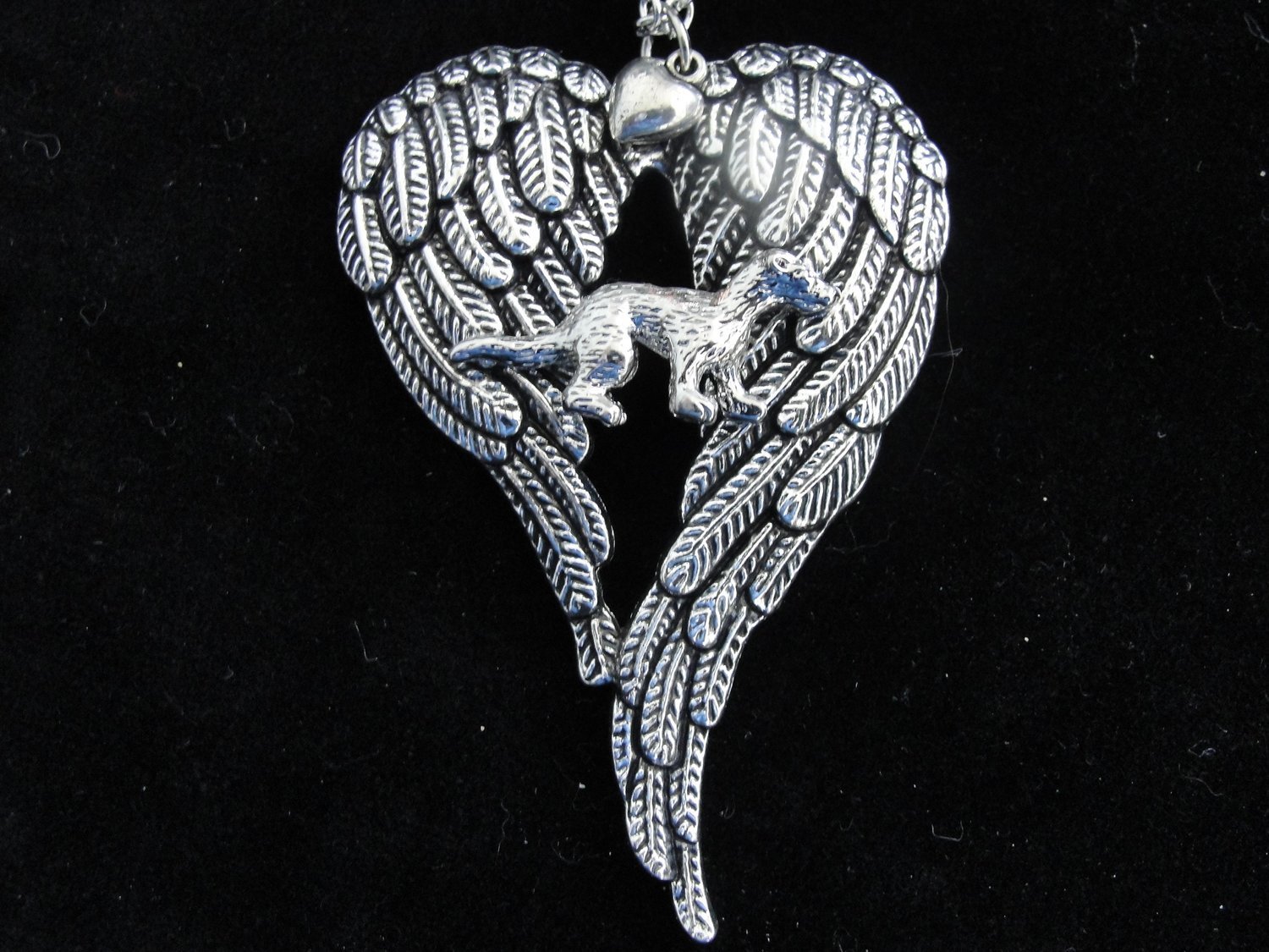 Pewtertone Ferret with Offset Wings Memorial Necklace Alternate View