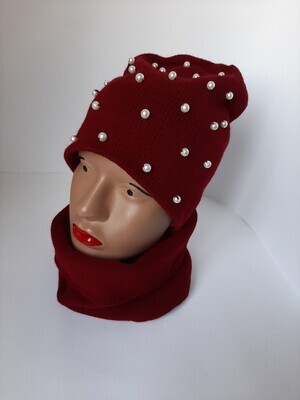 Hat scarf knit set for women, handmade knit beanie with beads and bandana