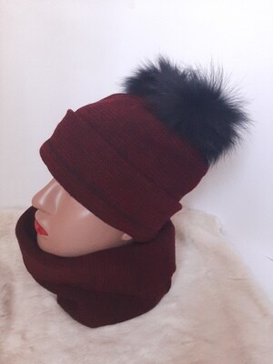 Unisex knit hat scarf set handmade,beanie with real pompom and bandana