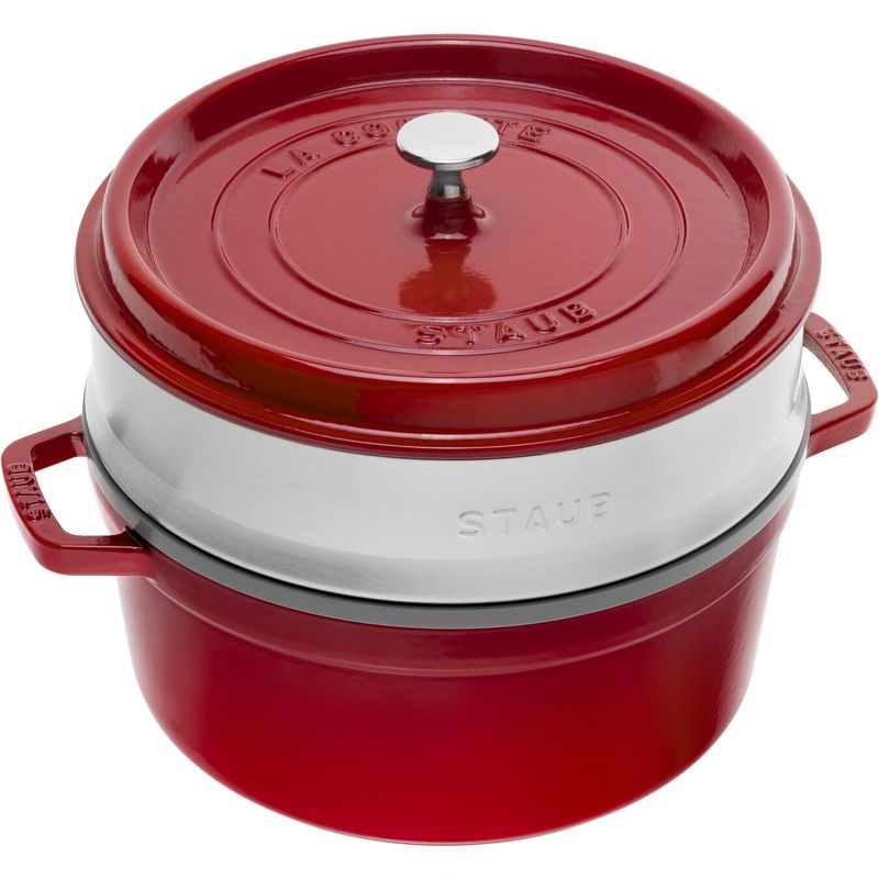 Staub Cast Iron Cocotte w/Steamer Insert Cherry 5.5 Qt/5.2 L/26 cm Staub Cast Iron Cocotte w/Steamer Insert Cherry 5.5 Qt/5.2 L/26 cm