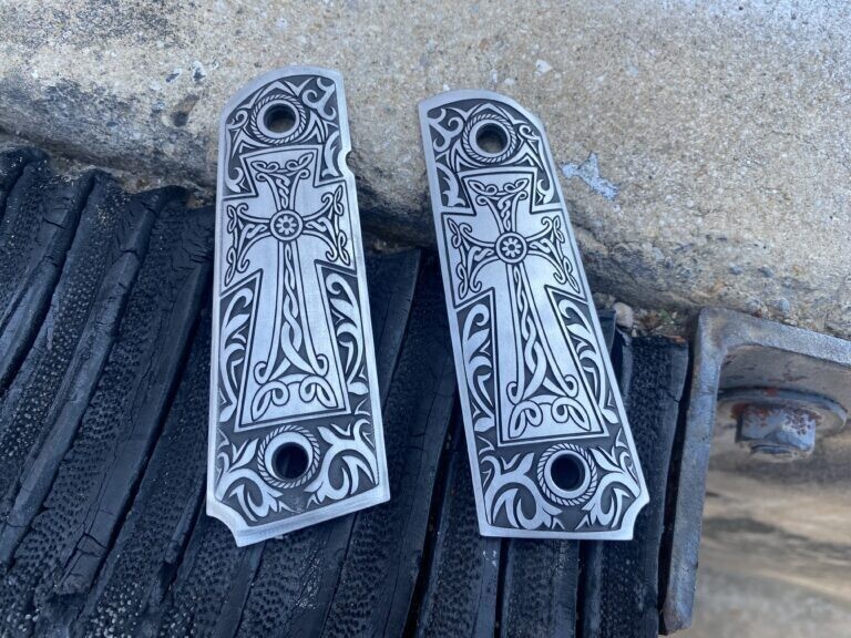 Weave Full Size 1911 Grips Engraved Texture Rosewood Celtic Cross 