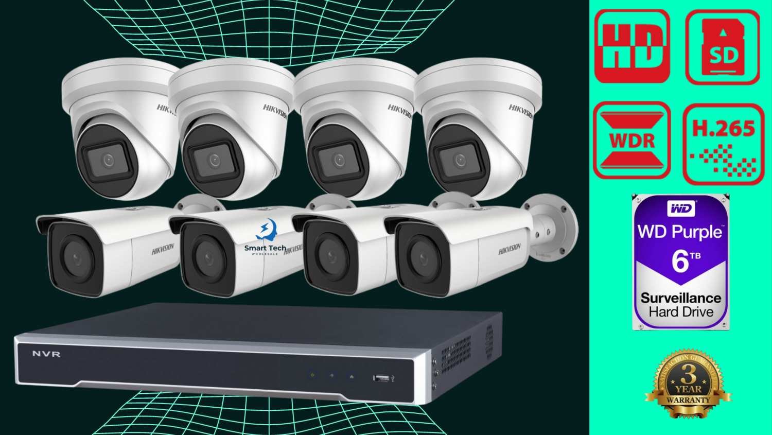 6MP 8CH Hikvision CCTV Kit: 4 x Outdoor Turret Cameras + 4 Bullet cameras + 8CH NVR