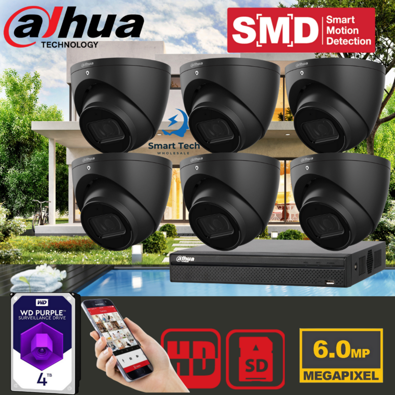 Dahua 6 x 6MP DH-IPC-HDW3641EM Eyeball / Turret Kit 50m IR 2.8mm with SMD + 8CH NVR + 4TB HDD, Wizsense