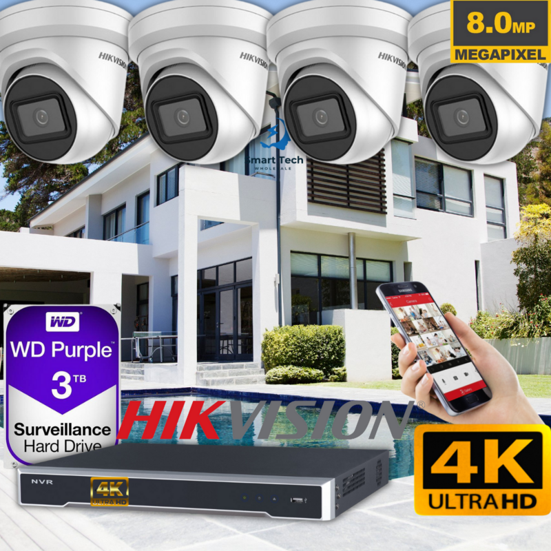 8MP 4CH Hikvision CCTV Kit: 4 x Outdoor Turret Cameras + 4CH NVR+ 3TB