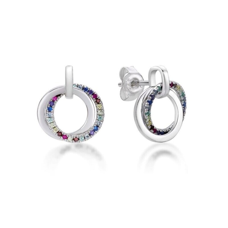Sterling Silver Double Circle Rainbow CZ Stud Earrings