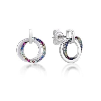 Sterling Silver Double Circle Rainbow CZ Stud Earrings