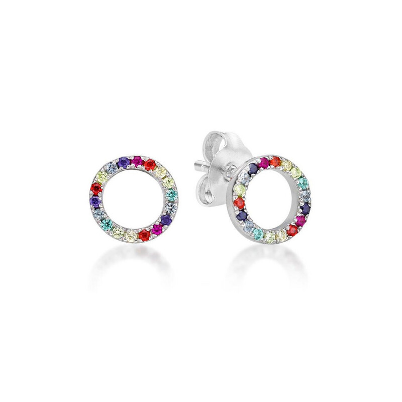 Sterling Silver Coloured Rainbow CZ Open Circle Studs