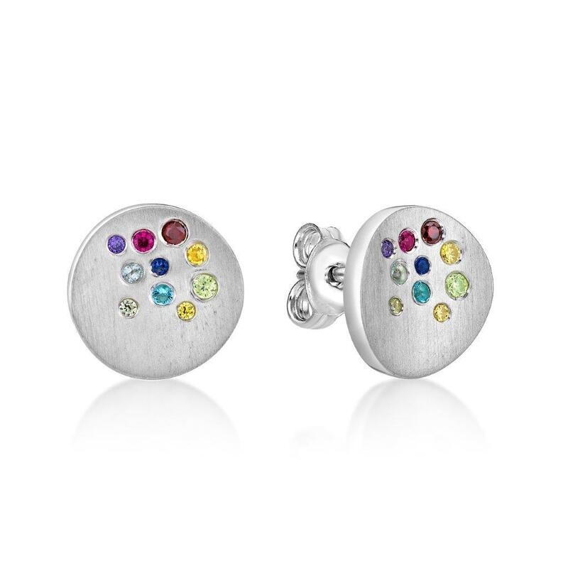 Sterling Silver Concave Rainbow Crystal Glass Stone Set Earrings
