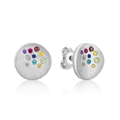 Sterling Silver Concave Rainbow Crystal Glass Stone Set Earrings