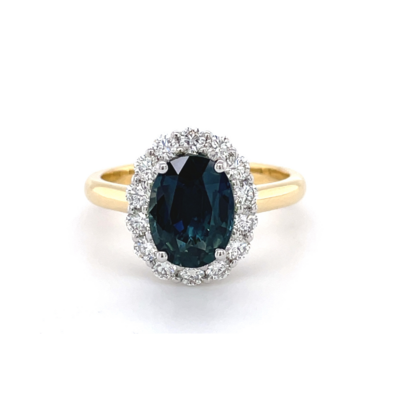 18ct Yellow Gold Teal Sapphire & Diamond Ring