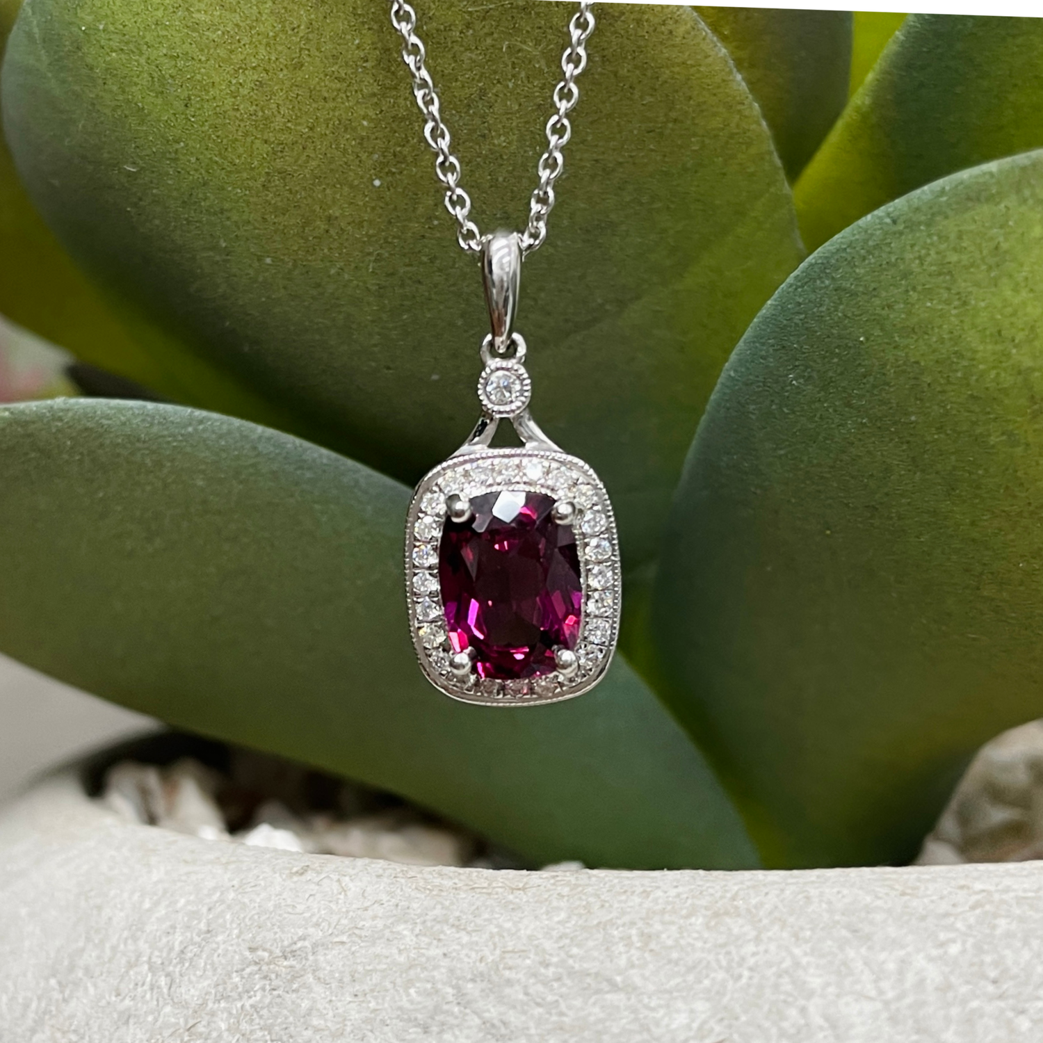 18ct White Gold Rhodolite Garnet & Diamond Pendant
