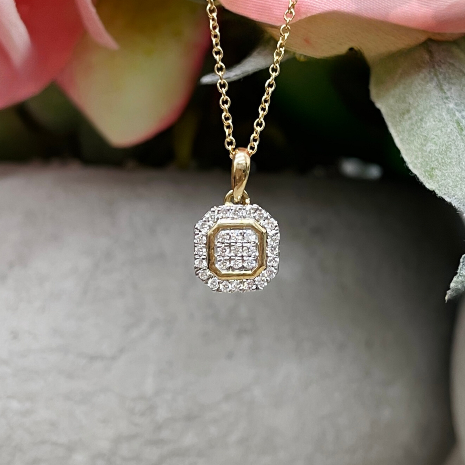 9YG Pave Set Square Diamond Pendant