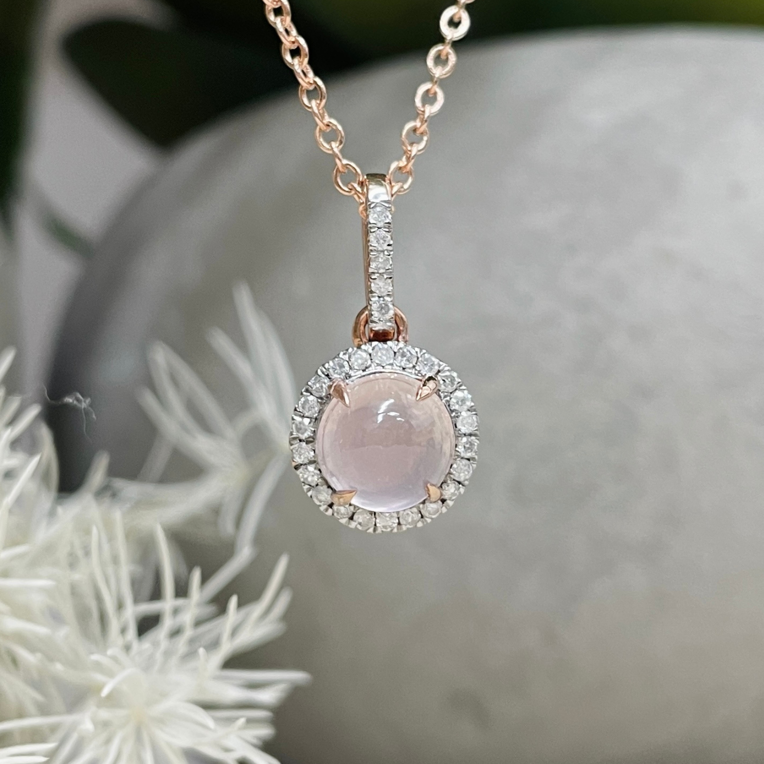 9R Rose Quartz & Diamond Pendant