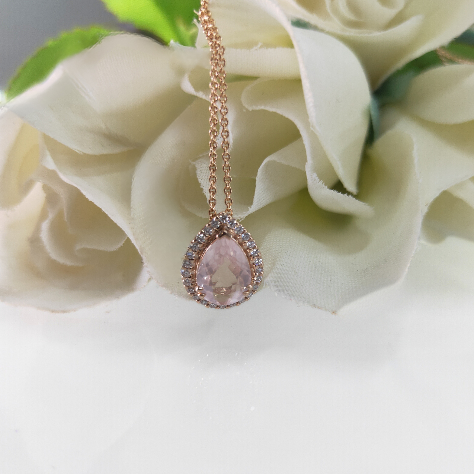 9R Pear Cut Rose Quartz  & Diamond Pendant