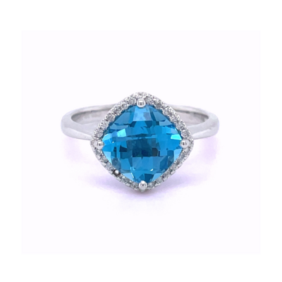 9W Gold Blue Topaz and Diamond Halo Ring