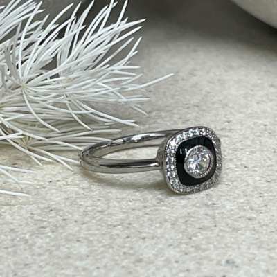 Sterling Silver Art Deco Black Enamel & CZ Ring Sterling Silver Art Deco Black Enamel & CZ Ring