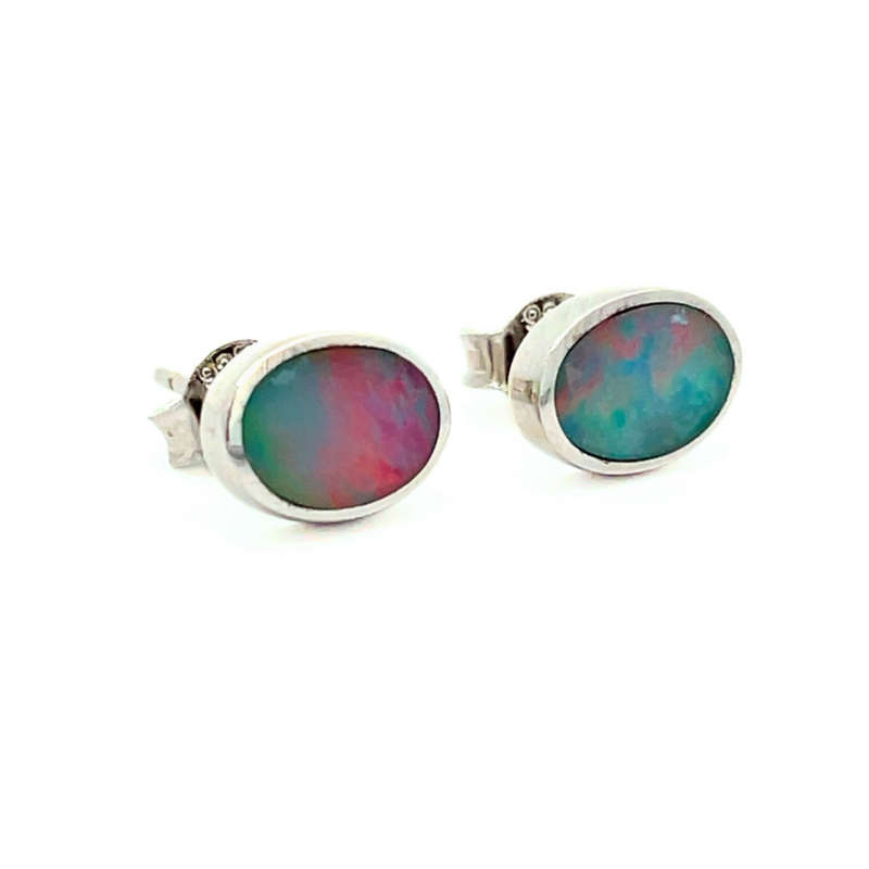 Sterling Silver Oval Boulder Opal Stud Earrings