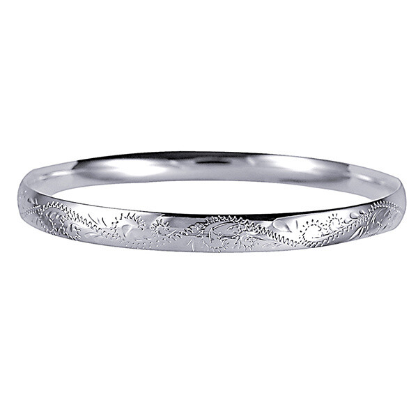Sterling Silver Solid ROUND Engraved Bangle-7mm