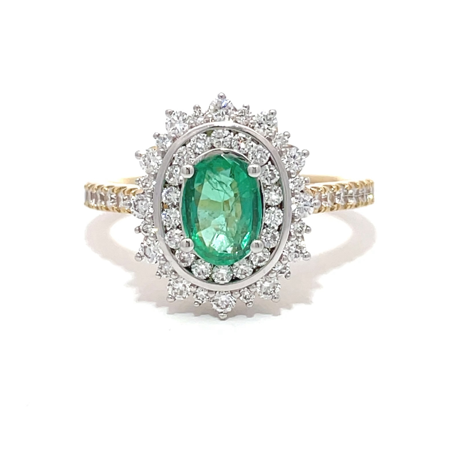 18Y Oval Natural Emerald & Diamond Halo Ring