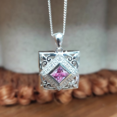 Sterling Silver Pink CZ Square Pendant & Chain