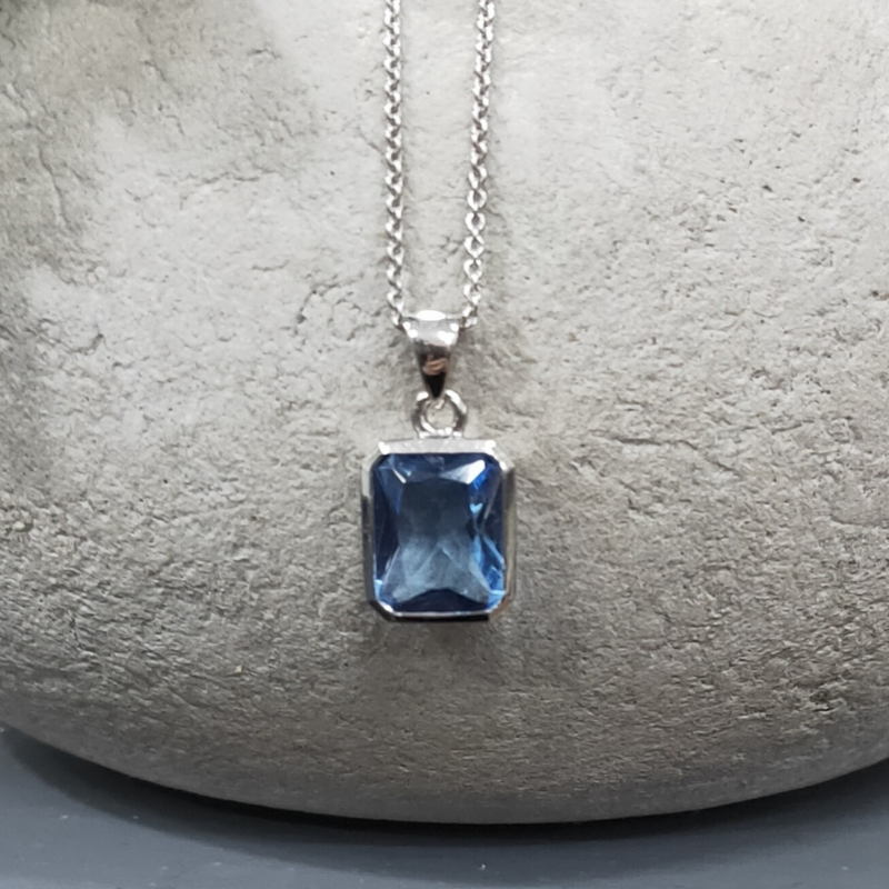 Sterling Silver Blue CZ Pendant & Chain