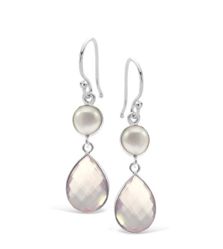Sterling Silver Pearl & Rose Quartz Drop Earrings