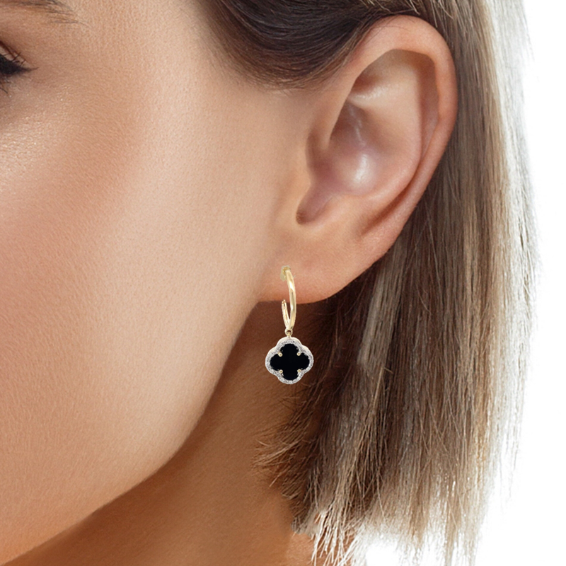 9Y Onyx & Diamond Clover Stud Earrings