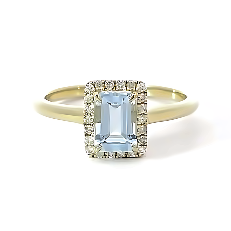 9Y Emerald Cut Aquamarine & Diamond Ring