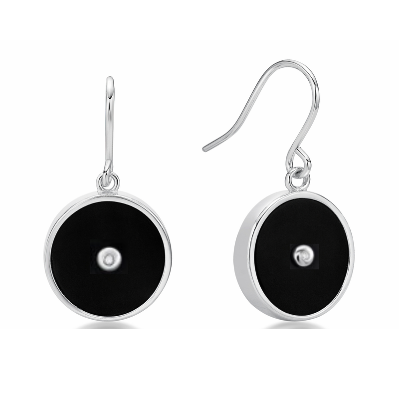 St.Sil  Round Onyx & Round CZ Hook Earrings