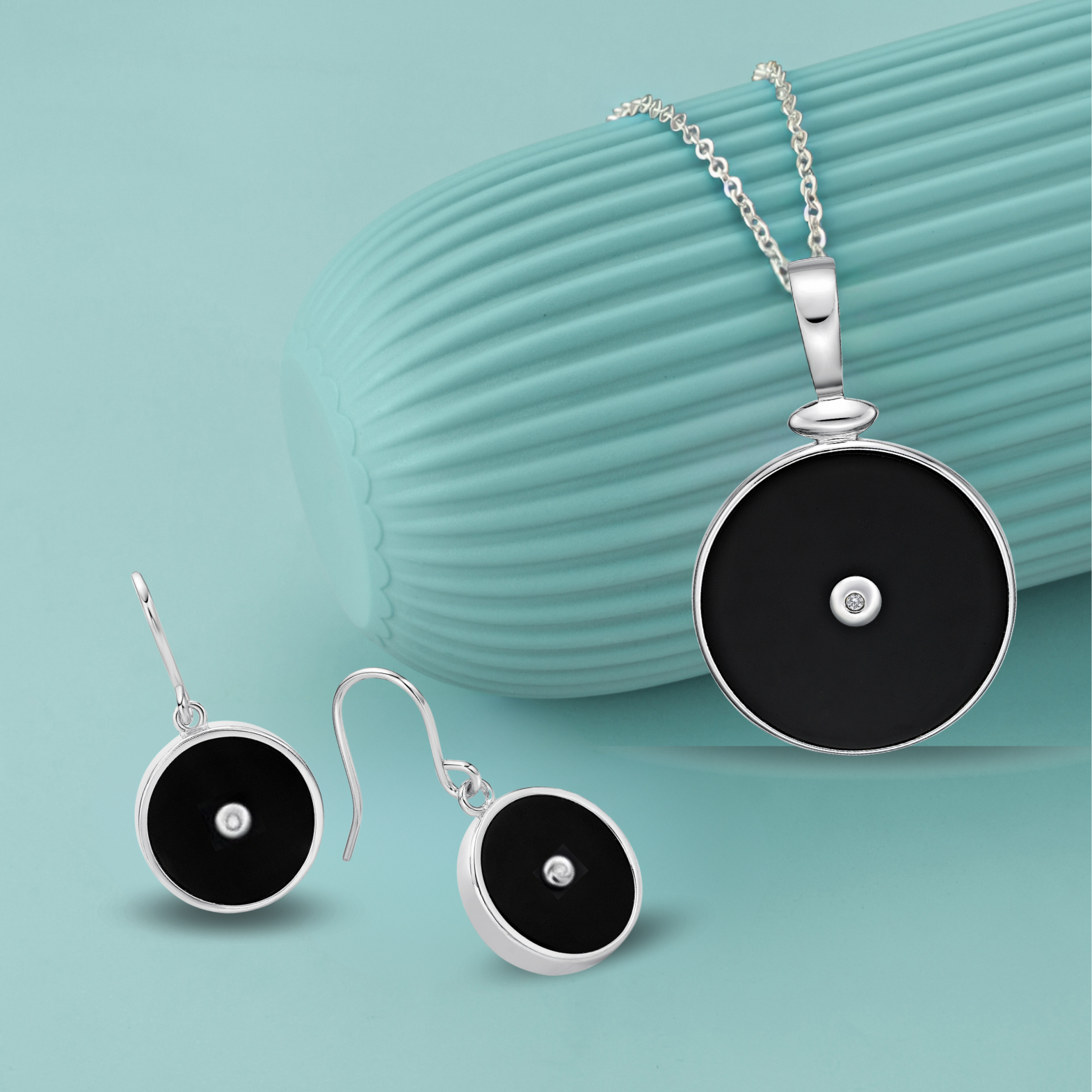 Sterling Silver Round Onyx & CZ Enhancer Pendant