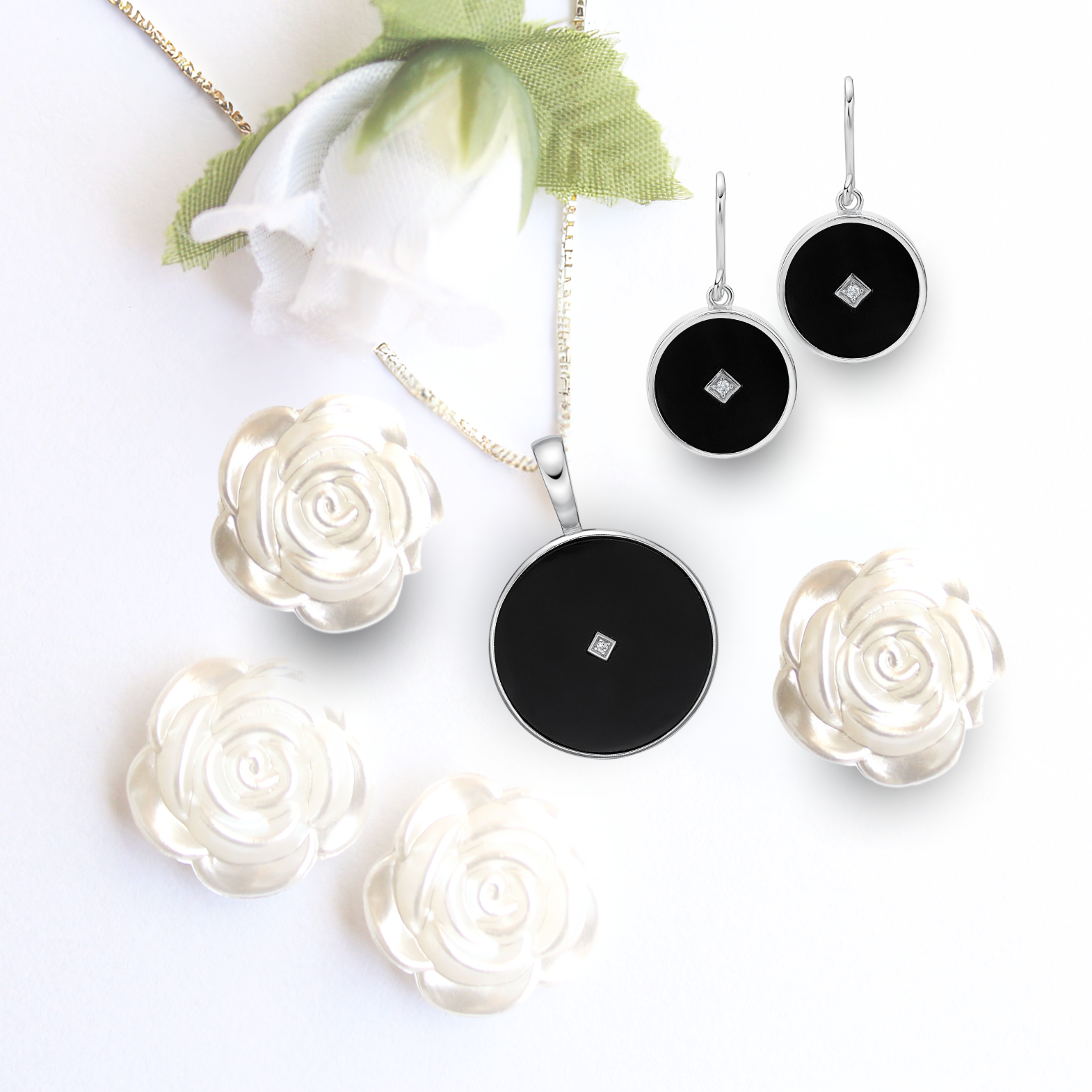 Sterling Silver Round Onyx & Square CZ Enhancer Pendant