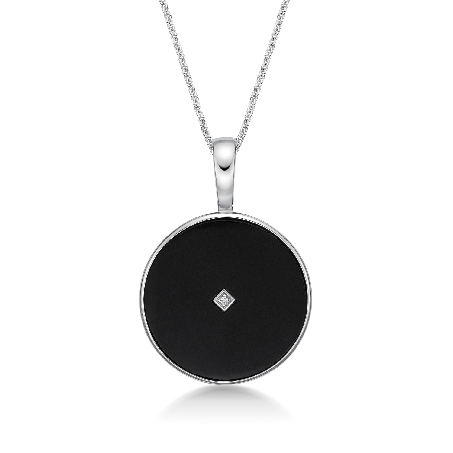 Sterling Silver Round Onyx & Square CZ Enhancer Pendant