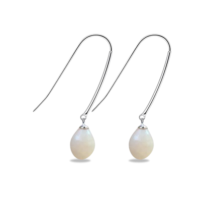 Sterling Silver Long Hook Keshi Freshwater Pearl Earrings