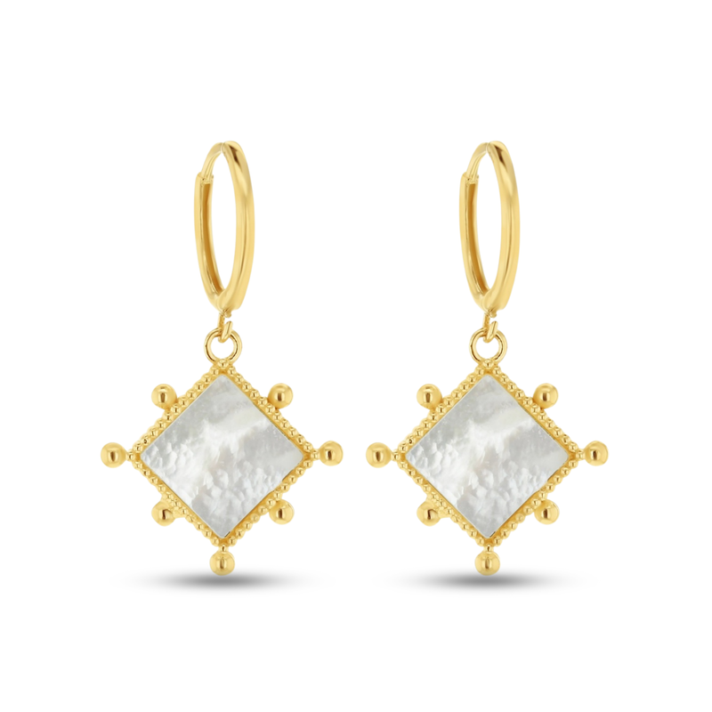 9ct MOP Square Beaded Drop Huggie Earrings