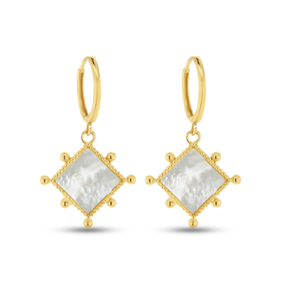 9ct MOP Square Beaded Drop Huggie Earrings