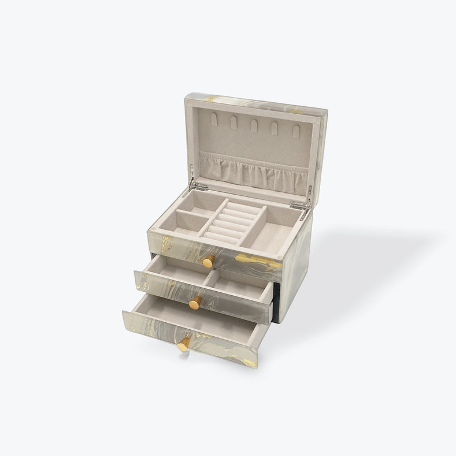 GLASS JEWELLERY BOX GREY & GOLD COLOUR 2 DRAWS