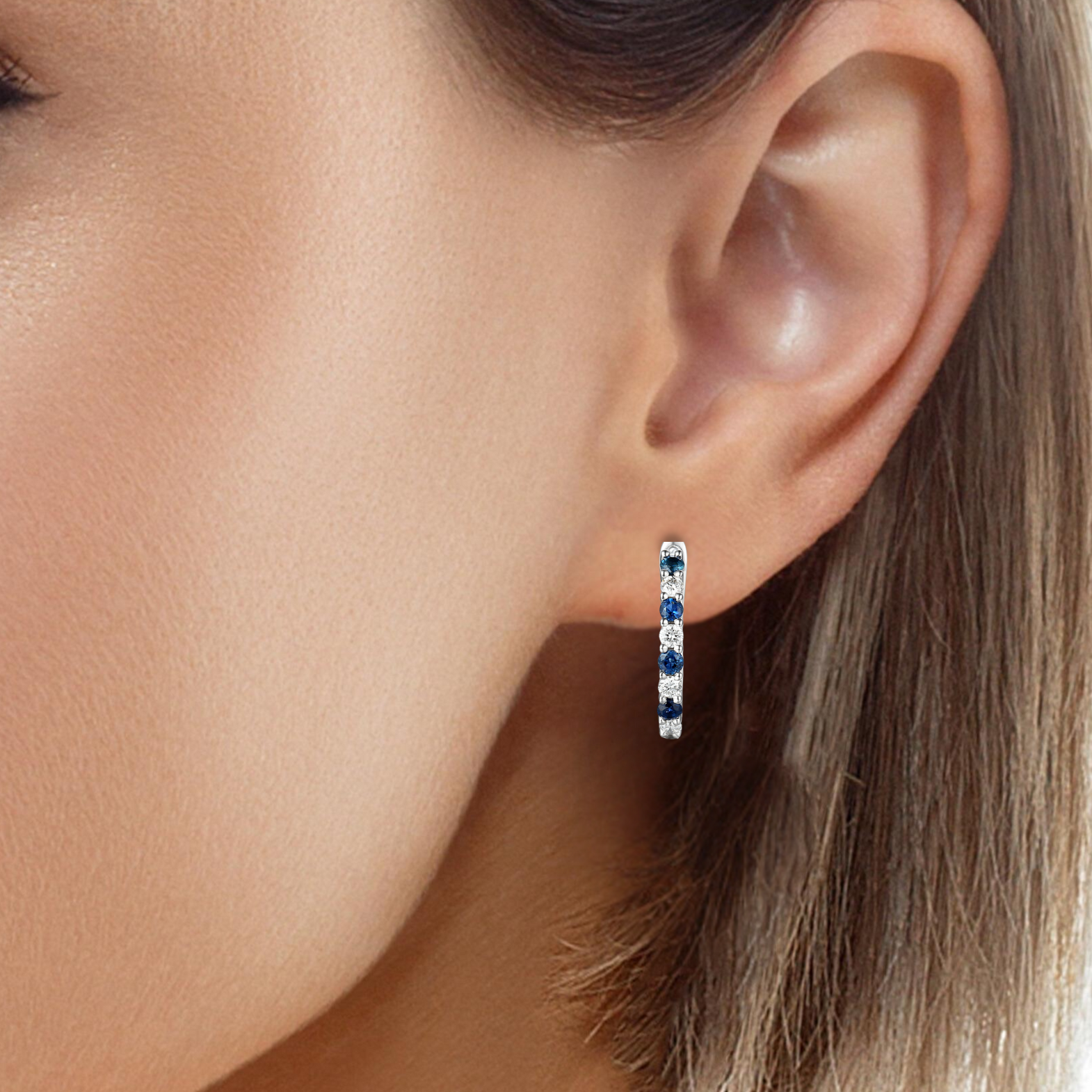 9ct White Gold Diamond & Sapphire Huggie Earrings