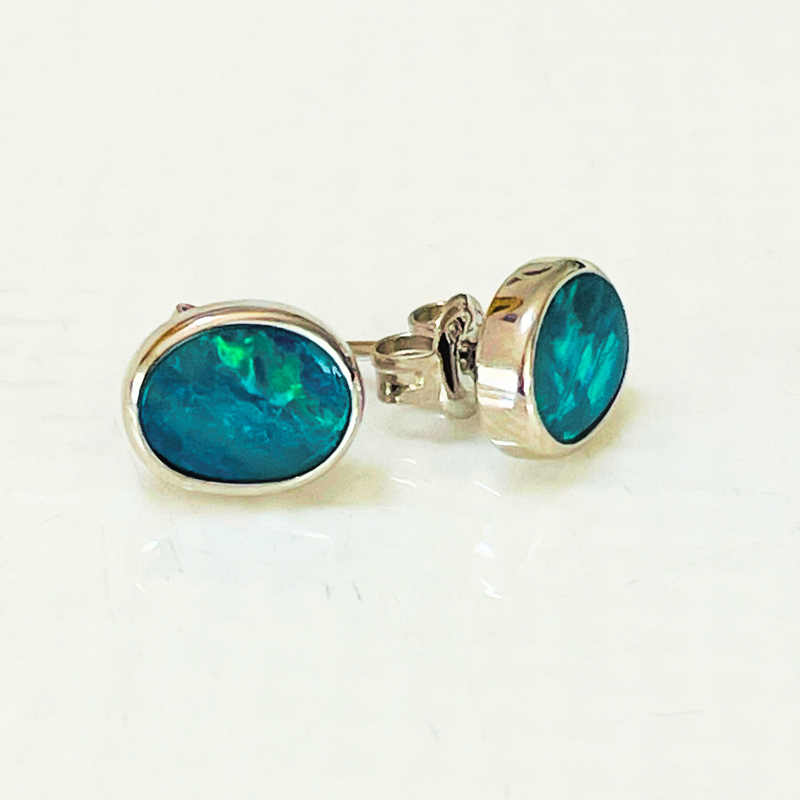 Sterling Silver Boulder Opal Stud Earrings (8x6)