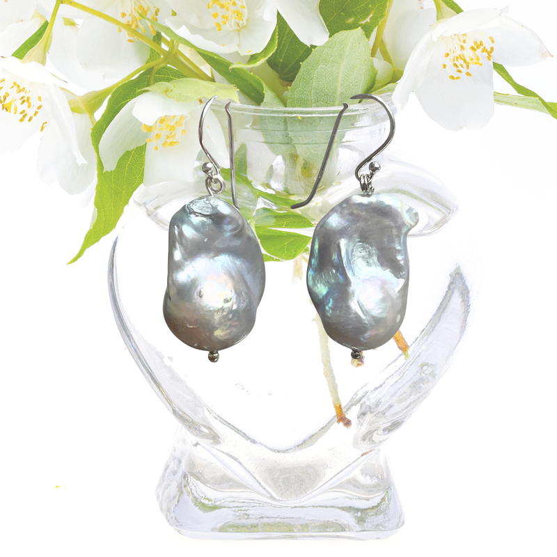 Large Baroque Silver Grey Pearl Hook Earrings