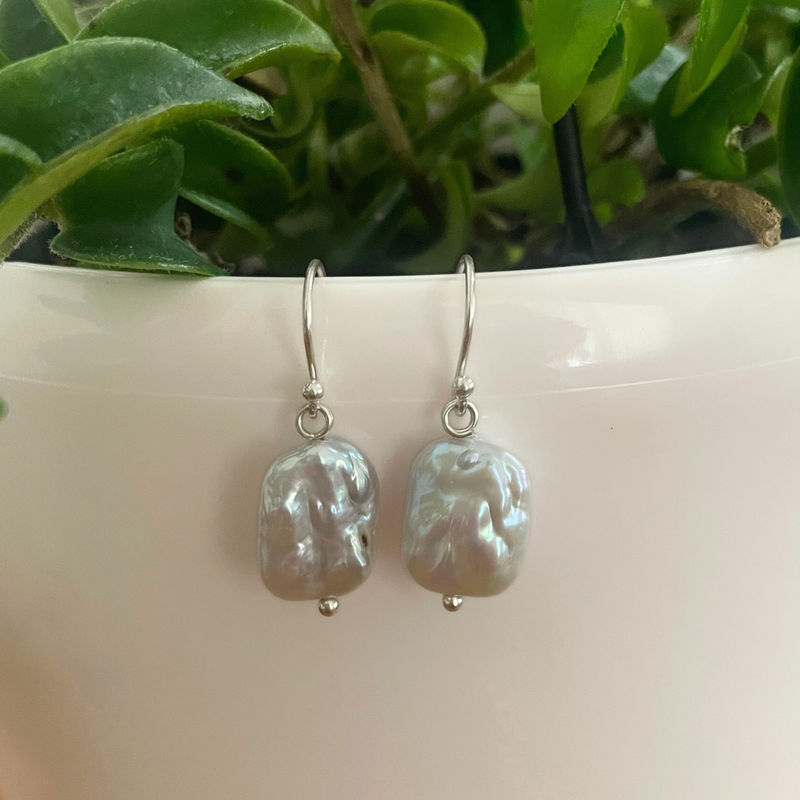 Sterling Silver Rectangle Pearl Drop Earrings