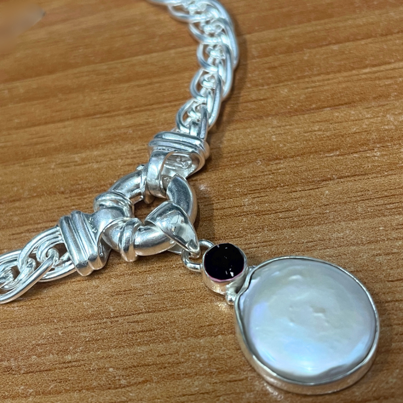 Sterling Silver Flat Pearl & Onyx Pendant