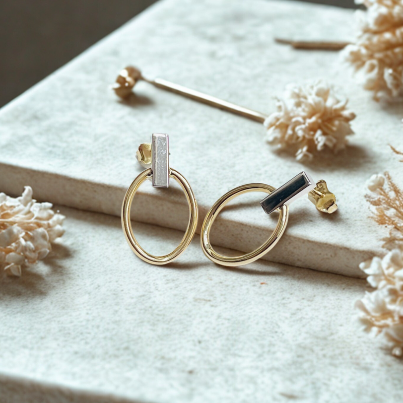 9ct Two Tone Bar Oval Drop Earrings